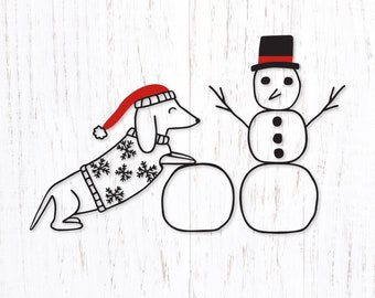 May include: A black and white line drawing of a dachshund wearing a red Santa hat and a sweater with snowflakes, pushing a snowball towards a snowman with a black top hat and three black buttons.