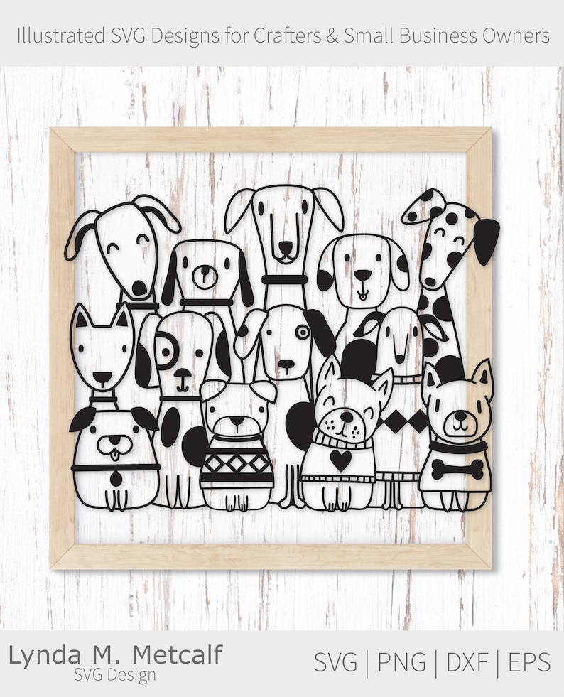 May include: Black and white line art illustration of a group of 12 dogs of various breeds. The dogs are all looking at the viewer and have different expressions on their faces. The illustration is set against a white background.
