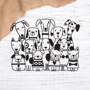 May include: Black and white illustration of a group of 10 dogs wearing sweaters and collars. The dogs are all different breeds and sizes. The illustration is in a cartoon style.