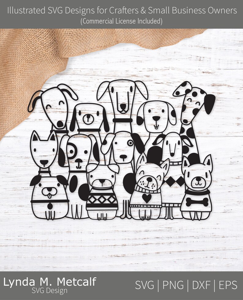 May include: Black and white illustration of a group of 10 dogs wearing sweaters and collars. The dogs are all different breeds and sizes. The illustration is in a cartoon style.