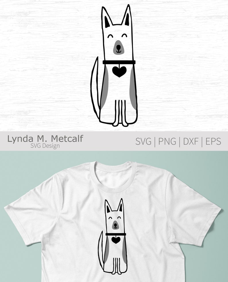 Peut inclure: Illustration en noir et blanc d'un chien portant un collier avec un c&oelig;ur. Le chien est assis, la queue enroul&eacute;e derri&egrave;re lui.