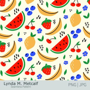 Motif de répétition sans couture de fruits. Conception mignonne de banane de répétition de Png. Papier de scrapbooking Cerises. Papier numérique fraise. Motif pastèque