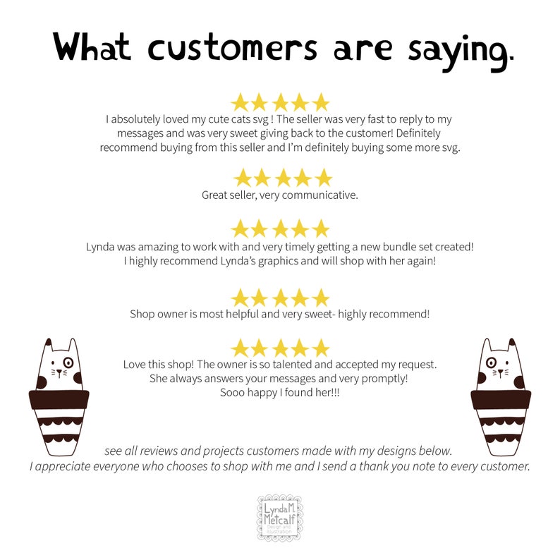 Peut inclure: Une collection d'avis et de t&eacute;moignages de clients pour une boutique vendant des designs num&eacute;riques. Les avis sont positifs et incluent des &eacute;valuations cinq &eacute;toiles. Le texte comprend des phrases comme "fantastique de travailler avec", "je recommande vivement", "talentueux" et "tr&egrave;s gentil". Le nom de la propri&eacute;taire de la boutique est Lynda M. Metcalf.