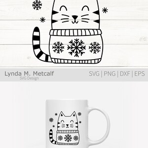 Puede incluir: Ilustraci&oacute;n en blanco y negro de un gato con un su&eacute;ter con copos de nieve. El gato sonr&iacute;e y tiene una cola rayada. Hay copos de nieve en el fondo.