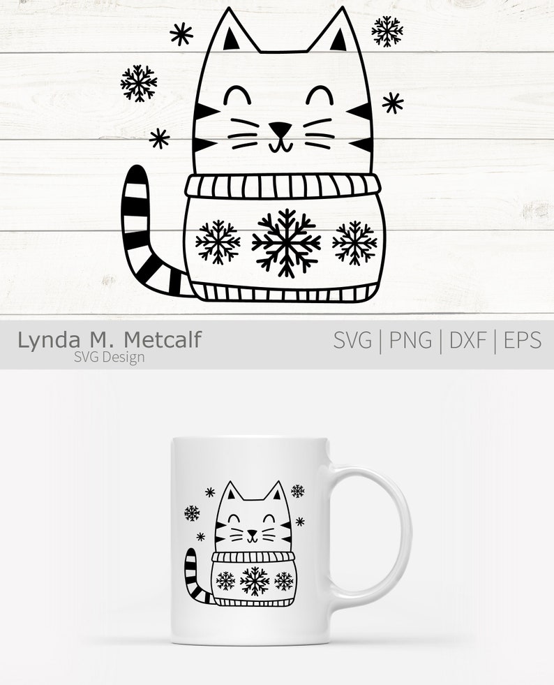 Puede incluir: Ilustraci&oacute;n en blanco y negro de un gato con un su&eacute;ter con copos de nieve. El gato sonr&iacute;e y tiene una cola rayada. Hay copos de nieve en el fondo.
