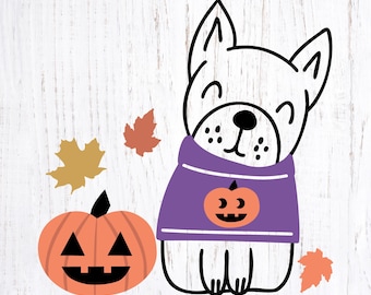 Bulldog francese di Halloween con design in formato SVG di Jack o' Lantern. Graziosa immagine clipart autunnale di bulldog francese per sublimazione.