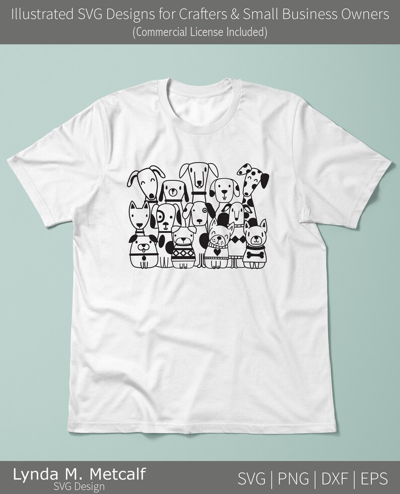 May include: Black and white illustration of a group of dogs of different breeds. The dogs are all standing in a row, and they are all looking at the viewer. The illustration is on a white t-shirt.