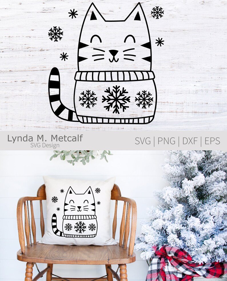 Puede incluir: Ilustraci&oacute;n en blanco y negro de un gato con un su&eacute;ter con copos de nieve. El gato sonr&iacute;e y tiene una cola rayada. Hay copos de nieve en el fondo.
