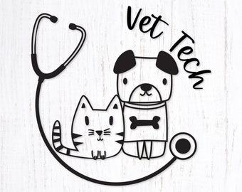 May include: Black and white illustration of a dog and cat with a stethoscope around them. The text "Vet Tech" is written in a cursive font.