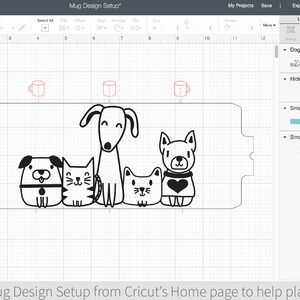 May include: A black and white design of a dog, cat, and two kittens on a white background. The design is for a small mug wrap.