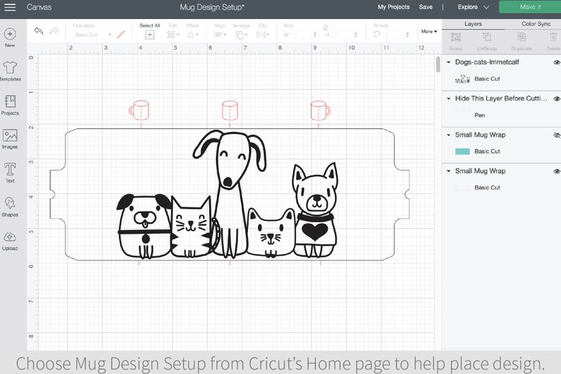 May include: A black and white design of a dog, cat, and two kittens on a white background. The design is for a small mug wrap.