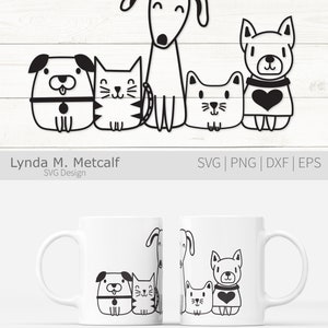 May include: Black and white line art illustration of a dog, two cats, and a puppy. The animals are all sitting in a row. The dog is in the middle and has a leash attached to its collar. The cats are on either side of the dog, and the puppy is on the far right. The animals are all looking at the viewer.