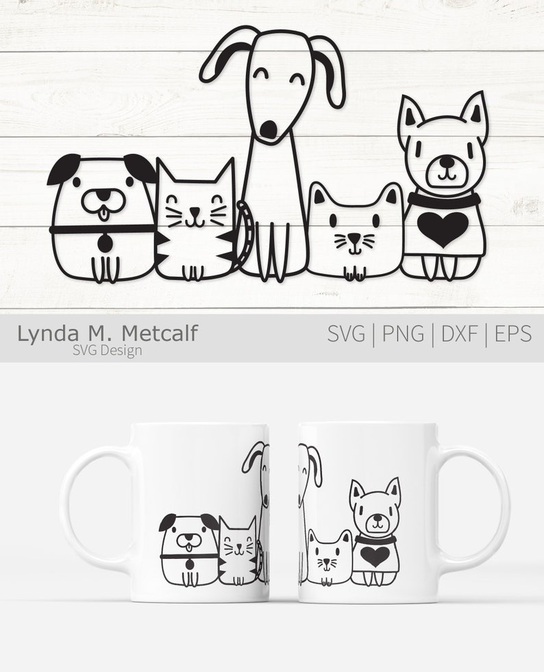May include: Black and white line art illustration of a dog, two cats, and a puppy. The animals are all sitting in a row. The dog is in the middle and has a leash attached to its collar. The cats are on either side of the dog, and the puppy is on the far right. The animals are all looking at the viewer.