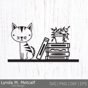 Cat with Books Svg. Bookshelf Png Clipart. Gift for Reader Dxf. Bookworm Svg. Bookish Svg