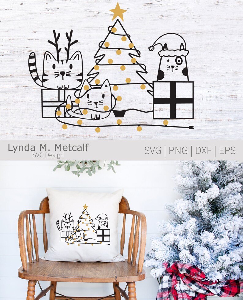 K&ouml;nnte beinhalten: Schwarz-wei&szlig;e Grafik von drei Katzen mit Weihnachtsbaum und Geschenken. Eine Katze tr&auml;gt ein Geweih, eine andere einen Weihnachtsmannhut. Der Baum hat einen goldenen Stern und Lichter. Design von Lynda M. Metcalf.