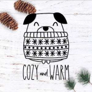 Mops im Pullover SVG für Weihnachten, Hund svg für Winter, gemütlich und warm SVG Zitat, süße Mops svg für Weihnachtsverzierung