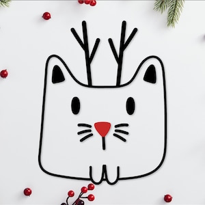 Kerst rendieren kat Svg. Rode neus rendieren kat Png clipart. Vakantie Kitty Eps-vector. Winterkat Dxf. Eenvoudige lijn kat vinyl SVG gesneden bestand