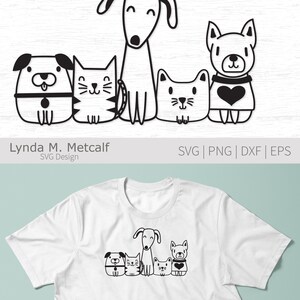 May include: Black and white line art illustration of a dog, two cats, and two other dogs. The animals are all sitting down and looking at the viewer. The illustration is suitable for use as a digital download for crafting projects.