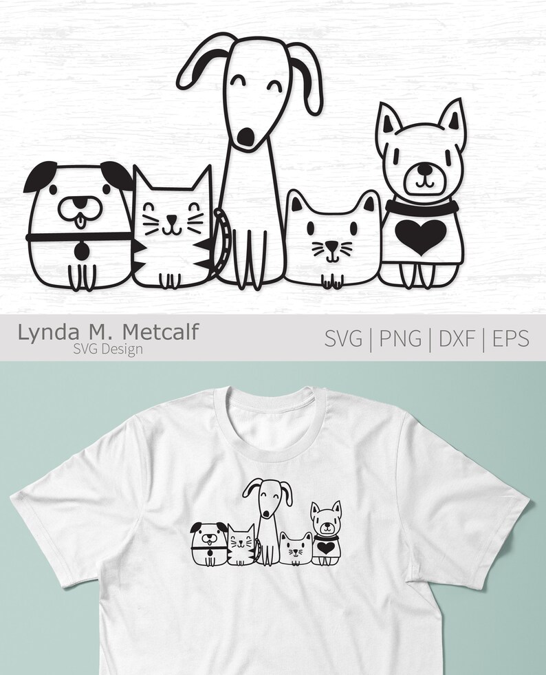 May include: Black and white line art illustration of a dog, two cats, and two other dogs. The animals are all sitting down and looking at the viewer. The illustration is suitable for use as a digital download for crafting projects.