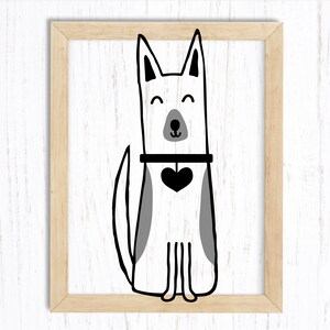 Peut inclure: Illustration en noir et blanc d'un chien avec un c&oelig;ur sur son collier. Le chien est assis, les pattes crois&eacute;es, et a une expression joyeuse sur son visage.