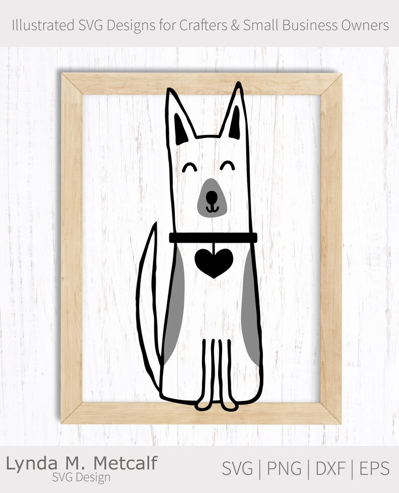 Peut inclure: Illustration en noir et blanc d'un chien avec un c&oelig;ur sur son collier. Le chien est assis, les pattes crois&eacute;es, et a une expression joyeuse sur son visage.