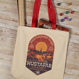 Experience Mustafar Destination Graphic Contrast Handle Canvas Tote Bag, 14&#39;&#39; Wide Gusseted Shopping Bag, Nerdy Reusable Canvas Bag