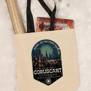 Visit Coruscant Destination Graphic Contrast Handle Canvas Tote Bag, 14&#39;&#39; Wide Gusseted Shopping Bag, Nerdy Reusable Canvas Bag
