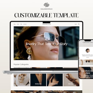 May include: A laptop screen displaying a website for a jewelry store called "Gleaming Gems". The website features a photo of a woman wearing earrings and sunglasses, with the text "Jewelry That Tells Your Story". The website also includes a section for "Popular Categories" with images of rings, necklaces, earrings, and bracelets.
