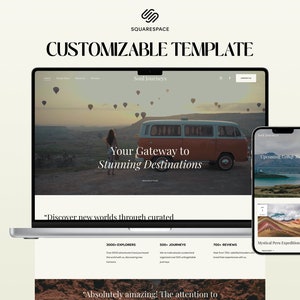 Könnte beinhalten: Ein Laptop-Computer zeigt eine Website für Soul Journeys, ein Reiseunternehmen. Die Website zeigt ein Foto eines Oldtimer-Vans mit Heißluftballons im Hintergrund. Der Text "Your Gateway to Stunning Destinations" wird auf der Website angezeigt. Der Laptop steht auf einem Tisch mit einem Zitat über die Dienstleistungen des Unternehmens. Ein Mobiltelefon zeigt ebenfalls die Soul Journeys-Website an.