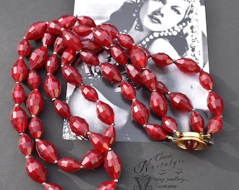 Vintage Ruby Lucite Necklace, Large Beads, Double strand