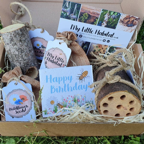 HAPPY BIRTHDAY Birds & the Bees gift set with Plantable card | Eco friendly | Bee hotel | Gardener gift | Wild flower seeds | Bird feeder |