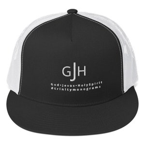 May include: Black trucker hat with a white mesh back and a curved brim. The front of the hat features the embroidered letters "GJH" above the words "God•Jesus•HolySpirit" and the hashtag "#trinitymonograms".
