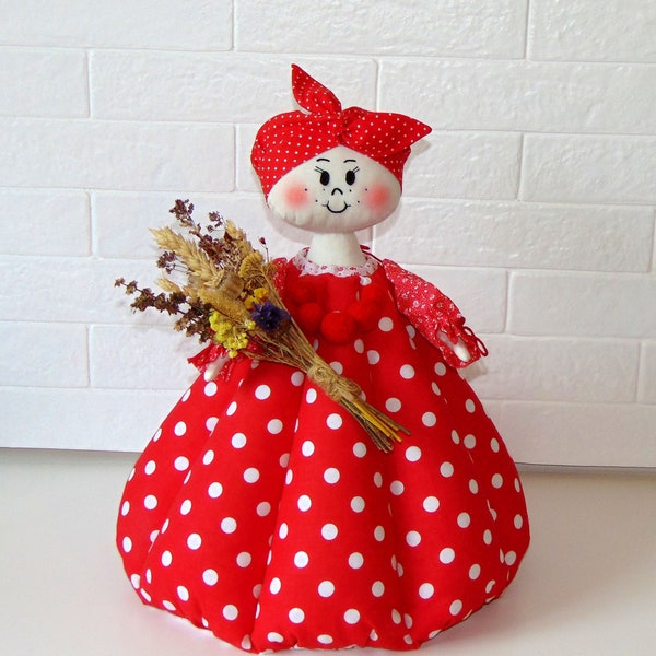 Cute tea cozy doll - polka dot red tea cozy, Souvenir teapot cosy, Kitchen decor doll,  Doll tea cosy gift