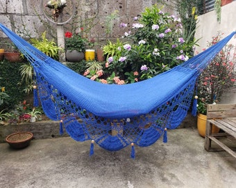 Blue Hammock without wood, Natural Cotton with a special fringe