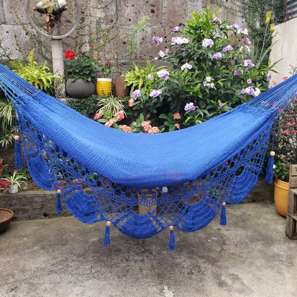 Blue Hammock without wood, Natural Cotton with a special fringe