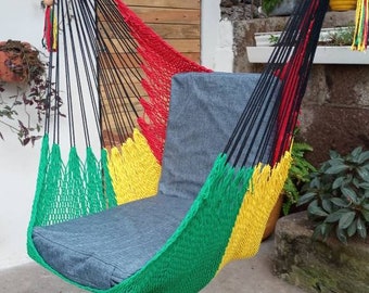 Rasta Hanging Chair, Red Yellow and green colors, natural cotton and wood