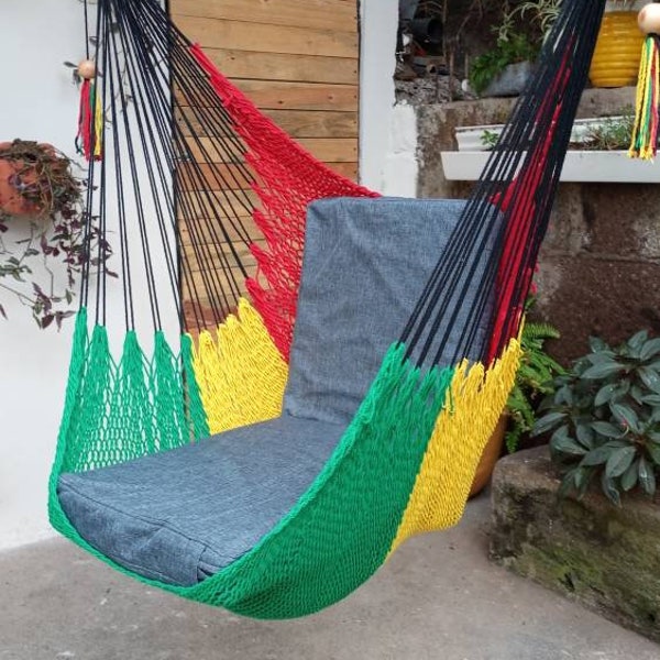 Rasta Hanging Chair, Red Yellow and green colors, natural cotton and wood