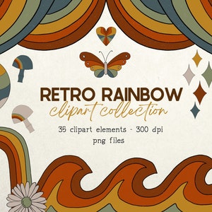 Boho Rainbow Clipart, Butterfly Clipart, Retro Clipart, Groovy Clipart Bundle, Boho Clipart, Retro Flower Clipart, Retro Rainbow Png Border