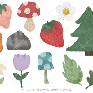 Puede incluir: Un conjunto de 11 ilustraciones de acuarela pintadas a mano que representan elementos de la naturaleza como un hongo rojo, un pino verde, una roca gris, una flor morada, una hoja verde, una flor blanca, una fresa roja, un hongo azul, una llama amarilla, una hoja verde y una flor blanca.
