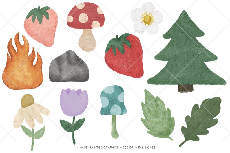 Puede incluir: Un conjunto de 11 ilustraciones de acuarela pintadas a mano que representan elementos de la naturaleza como un hongo rojo, un pino verde, una roca gris, una flor morada, una hoja verde, una flor blanca, una fresa roja, un hongo azul, una llama amarilla, una hoja verde y una flor blanca.