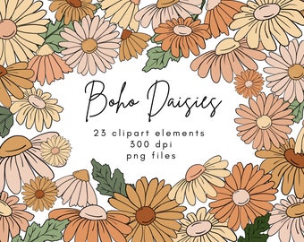 Retro Daisy Clipart, 70s Clipart, Boho Clipart Flowers, Hippie Clipart, Groovy Clipart, Retro Sublimation Designs, 60s Clipart, Daisies Png