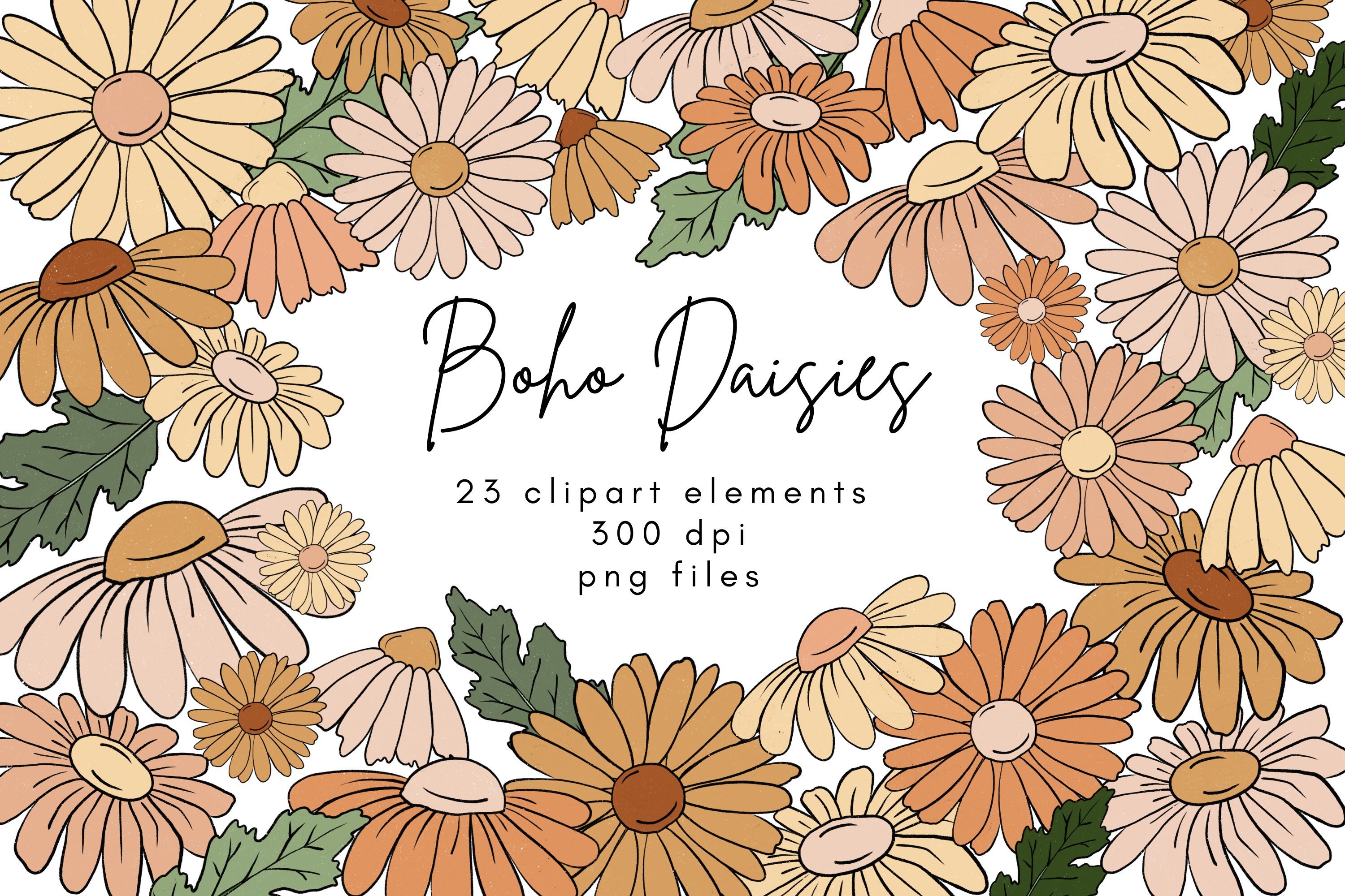 Retro Daisy Clipart 70s Clipart Boho Clipart Flowers Hippie Etsy