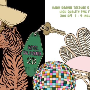May include: A digital illustration of a woman wearing a hat and a tiger, a green motel key with the text "Hotel California 2B", a disco ball, and a pink wicker chair with a fan-shaped back.