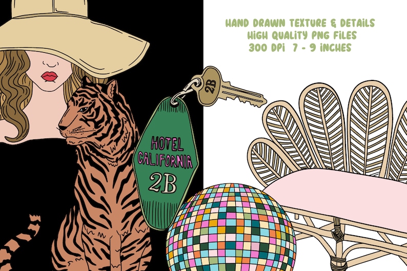 May include: A digital illustration of a woman wearing a hat and a tiger, a green motel key with the text "Hotel California 2B", a disco ball, and a pink wicker chair with a fan-shaped back.
