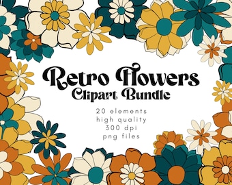 Retro Clipart, Blue Flower Clipart, Hippie Clipart, Retro Flower Clipart, 70's Clipart, Summer Clipart, Retro Sublimation Png, 60's Clipart