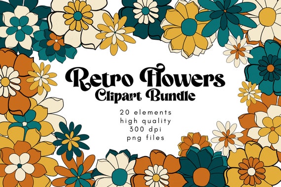 Retro Clipart, Blue Flower Clipart, Hippie Clipart, Retro Flower Clipart, 70's Clipart, Summer Clipart, Retro Sublimation Png, 60's Clipart