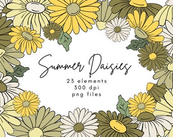 Daisy Clipart, Groovy Flower Clipart, Yellow Retro Flowers, Green Retro Flowers, Wildflower Clipart, Retro Clipart, Hand Drawn Daisies Png
