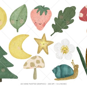 Puede incluir: Un conjunto de 44 ilustraciones digitales pintadas a mano que presentan personajes de dibujos animados lindos con caras sonrientes. Las ilustraciones incluyen un sol, una luna, una estrella, un hongo, un caracol, una flor, una hoja, un &aacute;rbol y un hongo rojo y blanco.