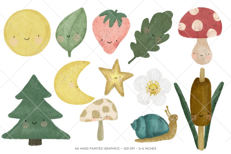 Puede incluir: Un conjunto de 44 ilustraciones digitales pintadas a mano que presentan personajes de dibujos animados lindos con caras sonrientes. Las ilustraciones incluyen un sol, una luna, una estrella, un hongo, un caracol, una flor, una hoja, un &aacute;rbol y un hongo rojo y blanco.