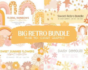 Boho Rainbow Clipart, Retro Clipart Bundle, Spring Clipart, Daisy Clipart, Boho Clipart, Groovy Clipart, Baby Clipart, Groovy Flower Clipart